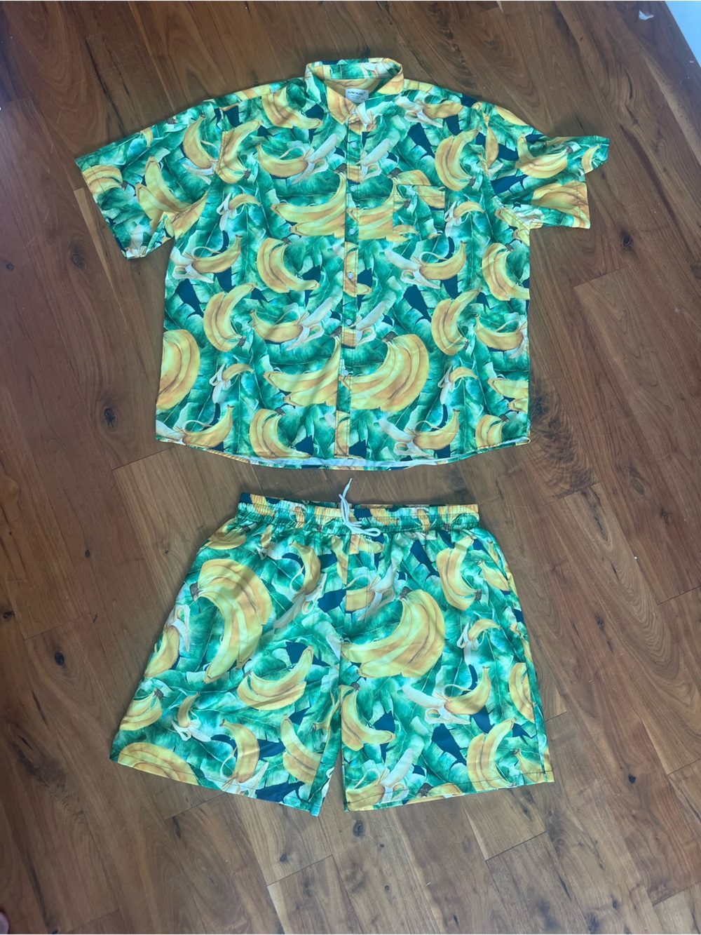 Tropical‎ Banana Print Short Sleeve Shirt & Shorts Set - Green/Yellow